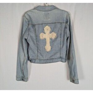 Old Navy Jean Jacket L Women's Blue Light Wash Upcycled Denim Cross Patch